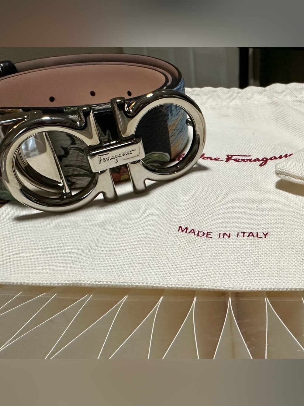 Salvatore Ferragamo Blue Leather Belt with Red Edge and Silver Gancini Buckle